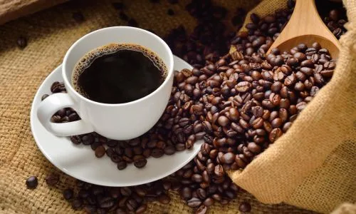 Kaffekopp och kaffebönor från kaffeprovning