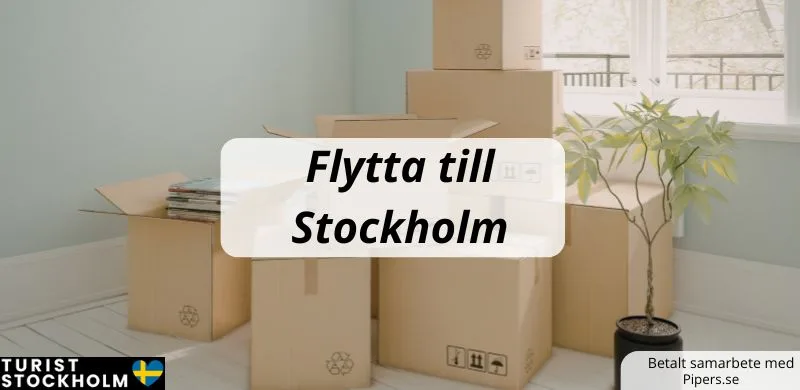 Flyttlådor och texten Flytta till Stockholm